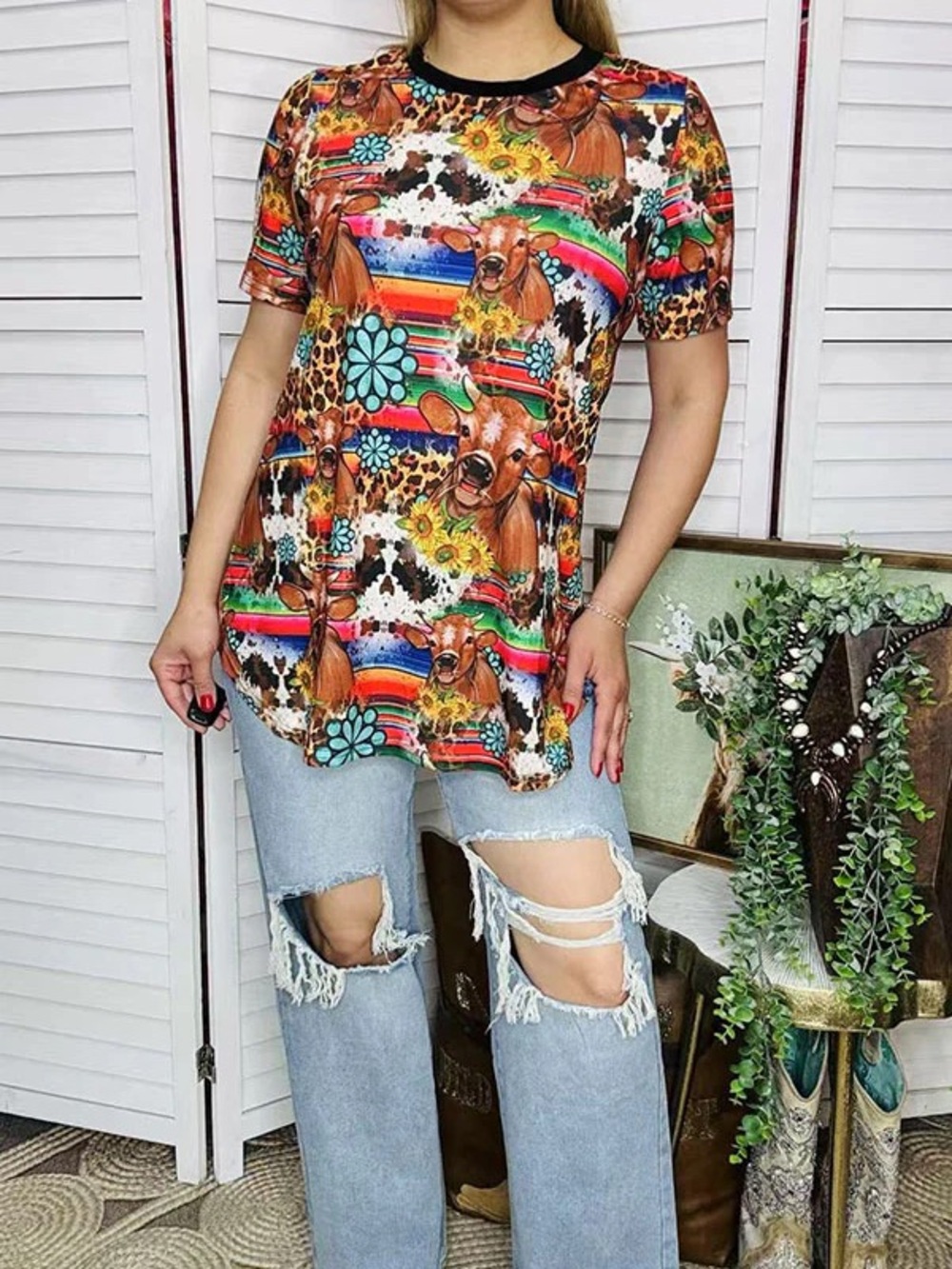 Multicolor Cow & Floral Short Sleeve Tee